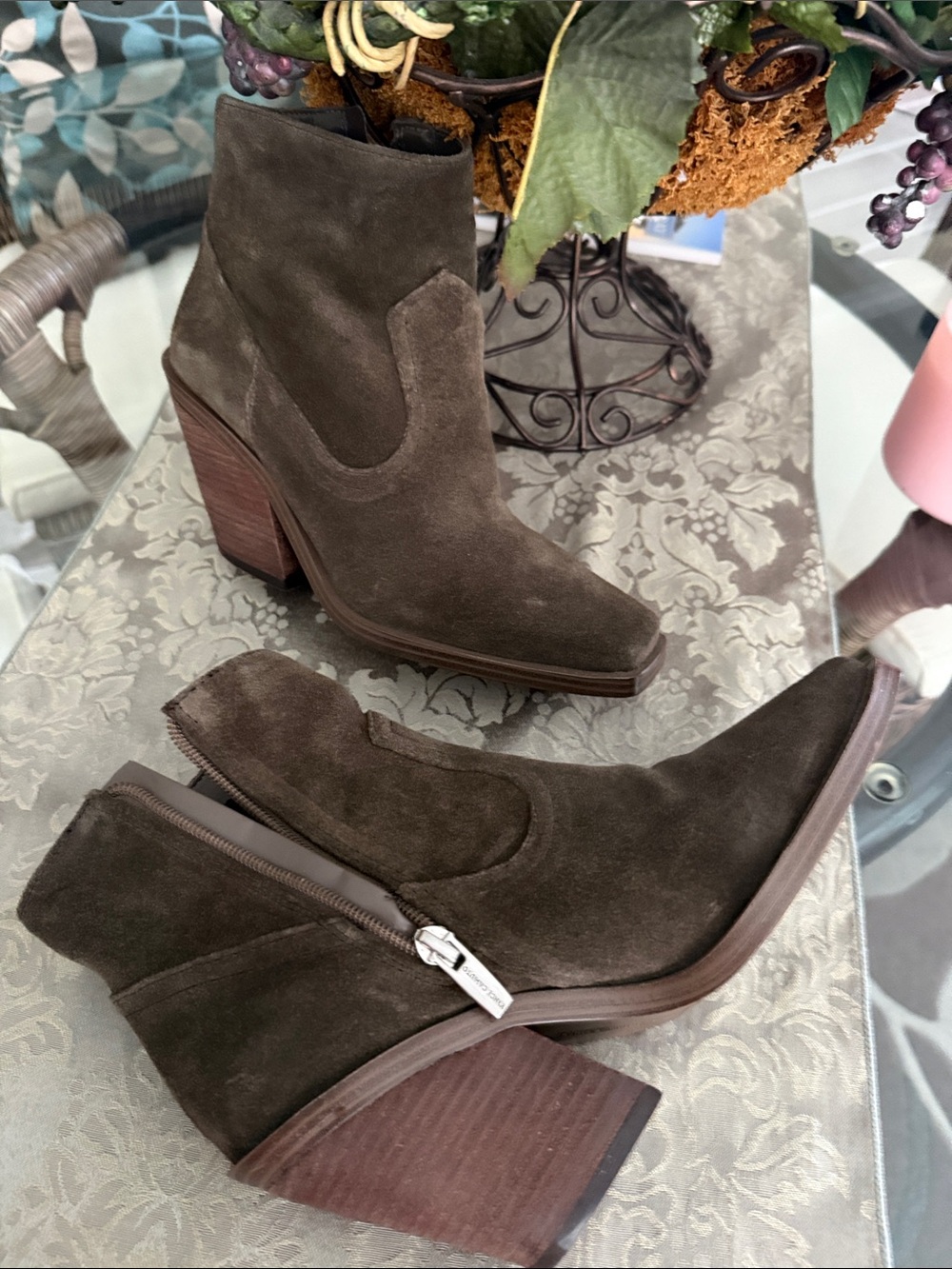 Vince Camuto Olive Green Suede Block Heel Ankle Booties